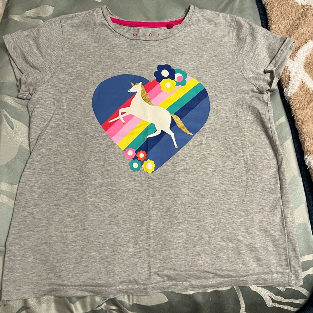 Mini Boden girls 111-12yr Gray T-Shirt with Rainbow Unicorn EUC